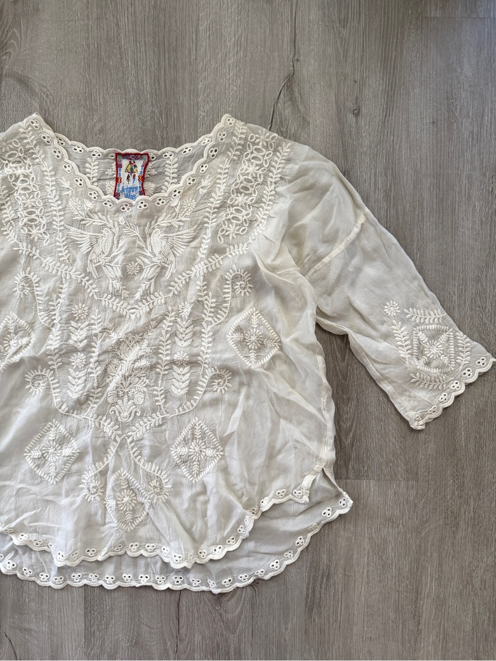 Johnny Was Embroidered Ivory Cream Peasant Top Blouse Small